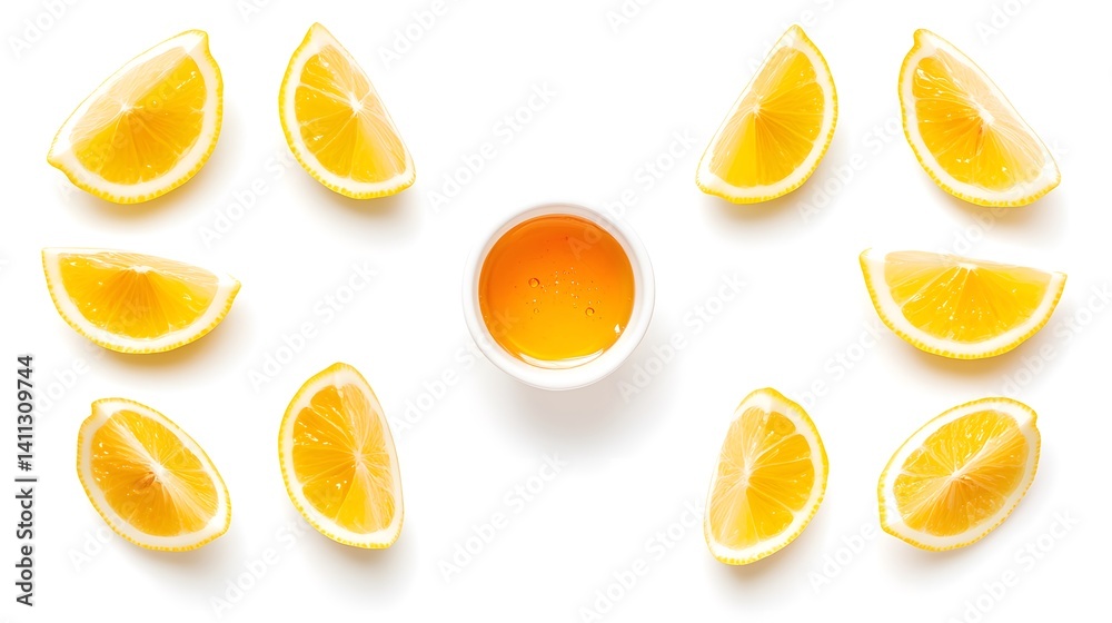 Flat lay of lemon slices arranged around a small bowl of honey on a white background. Perfect for health, wellness, or food-related content. Flat lay of lemon slices arranged around a small bowl of honey on a white background. Perfect for health, wellness, or food-related content.