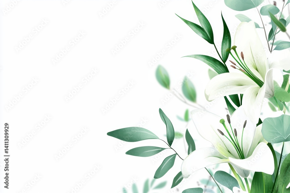 Obraz premium White Lilies and Eucalyptus Watercolor Illustration.