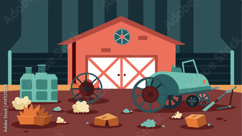 Scattered pieces of old farming equipment lay abandoned inside the barn a testament to the dwindling resources of those who once relied on the land.. Vector illustration