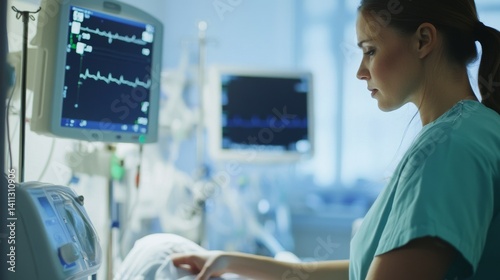 A nurse assisting a patient with medical treatment in a hospital room. Featuring care and professionalism