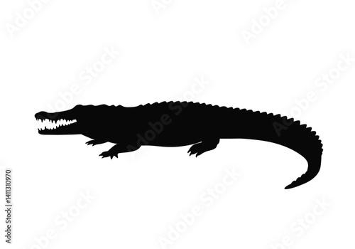 Crocodile silhouette. A striking depiction of the fierce reptilian predator with sharp teeth and rugged scales alligator beast creature. Vector clipart black illustration design.