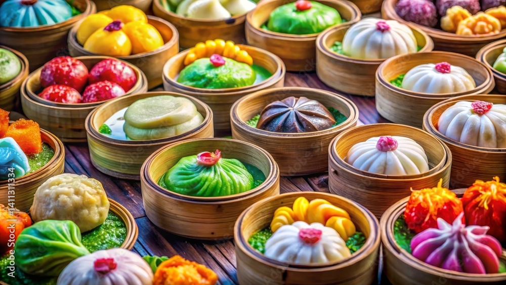 Fototapeta premium Colorful Assorted Dim Sum in Bamboo Steamers