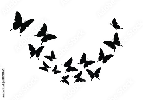 Butterflies flying silhouette. This image depicts a group of butterflies in graceful flight, also referred to as an insect swarm or elegant motif. Vector clipart black illustration design.