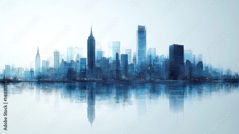 Fototapeta premium Serene Cityscape: A Watercolor Impression of New York's Skyline