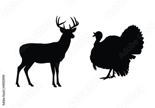Deer and turkey silhouette. A majestic deer with antlers stands beside a turkey, symbolizing wildlife, nature, and balance in a striking forest scene. Vector clipart black illustration design.
