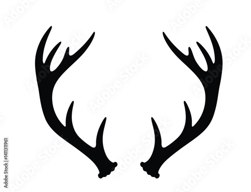Deer antler silhouette. Large curved antlers extend symmetrically from a deer�s head, also known as stag horns, symbolizing strength, wilderness, and majesty. Vector clipart black illustration design.