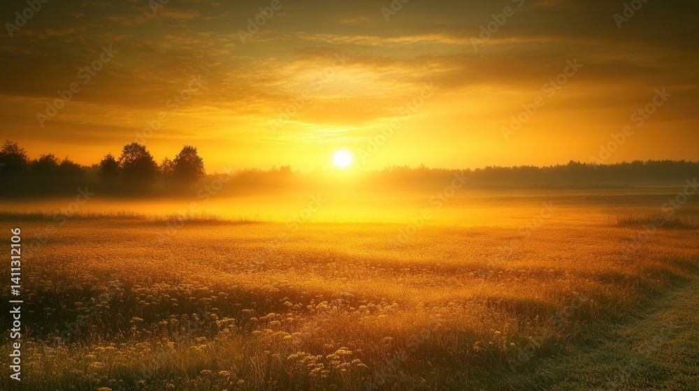 Fototapeta premium Golden sunrise over a misty field