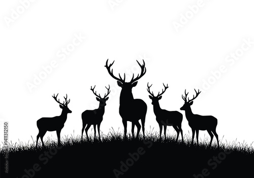 Deer scene silhouette. A group of deer standing on a grassy hill, also known as wildlife silhouette, symbolizing nature�s harmony and beauty. Vector clipart black illustration design.
