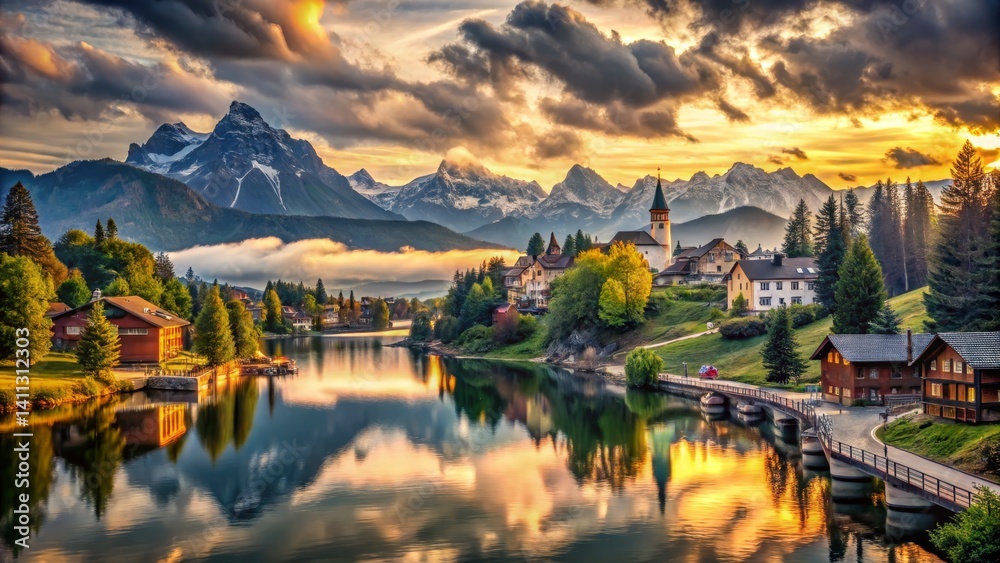 Fototapeta premium Serene Mountain Village Reflection at Sunset