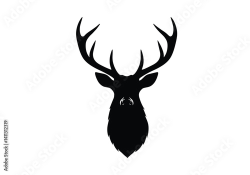 Stag head silhouette. A striking depiction of a deer head with large antlers, known as buck or cervidae emblem, symbolizing wilderness, strength, and nature. Vector clipart black illustration design.