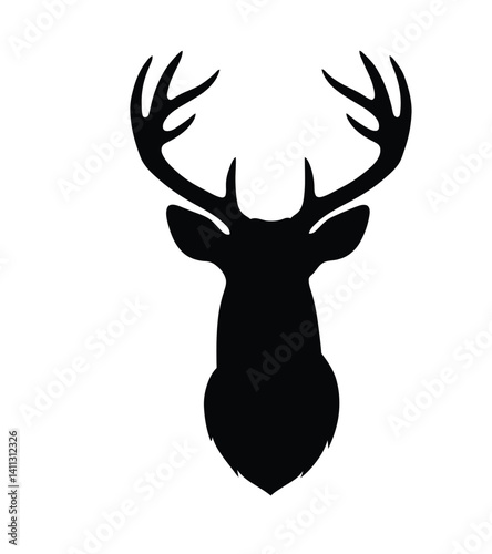 Christmas deer head silhouette. This image shows a black silhouette of a deer's head with antlers decorated with Christmas ornaments, festive reindeer. Vector clipart black illustration design.