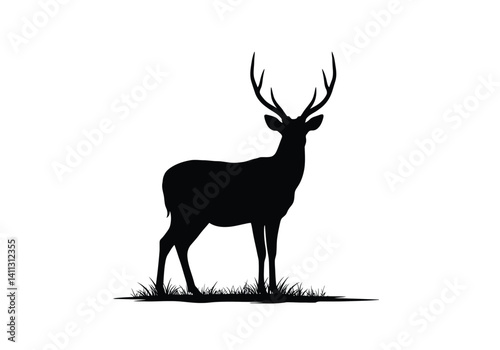 Axis deer silhouette. This image shows a majestic deer with antlers standing on grass, also known as chital deer, symbolizing wildlife and nature. Vector clipart black illustration design.