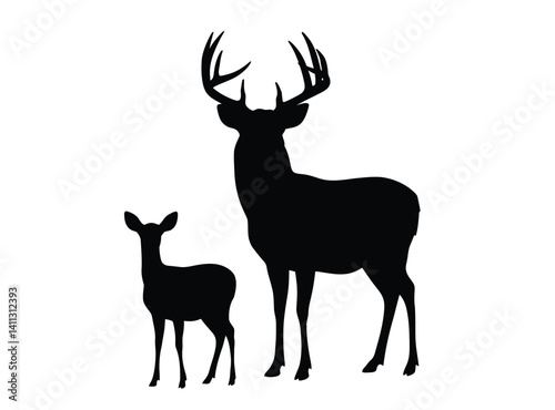 Buck and doe silhouette. A powerful buck with striking antlers stands beside a graceful doe,  strength, elegance, and their natural bond in the wild. Vector clipart black illustration design.