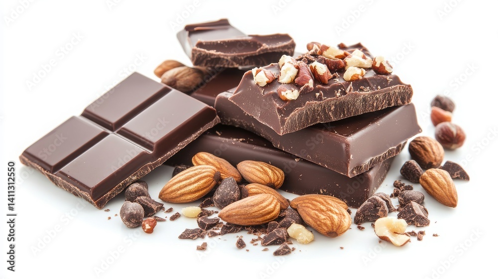 Energy bar pack, chocolate, nuts, isolated white background Energy bar pack, chocolate, nuts, isolated white background