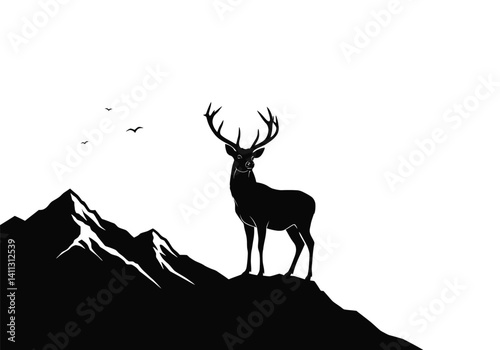 Deer and mountain silhouette. Majestic deer standing on a mountain peak with birds flying in the sky, symbolizing wildlife, adventure, and nature. Vector clipart black illustration design.