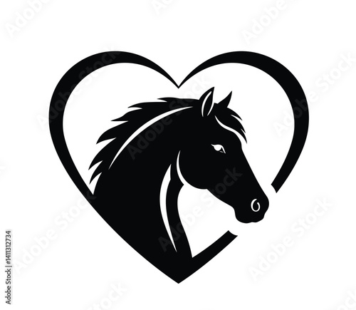 Horse head heart silhouette. This image shows a horse head inside a heart shape. Vector clipart black illustration design.