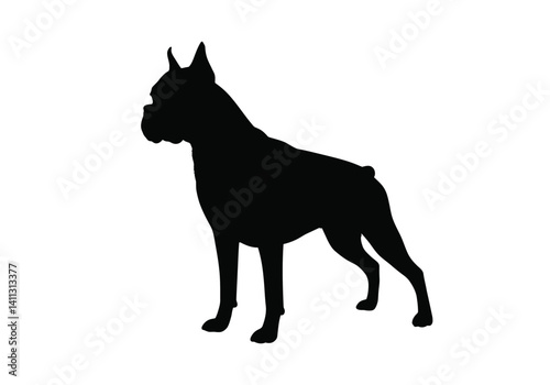 Boxer dog silhouette. This image features the profile of a muscular boxer dog, also known as a guard dog or working dog. Vector clipart black illustration design.