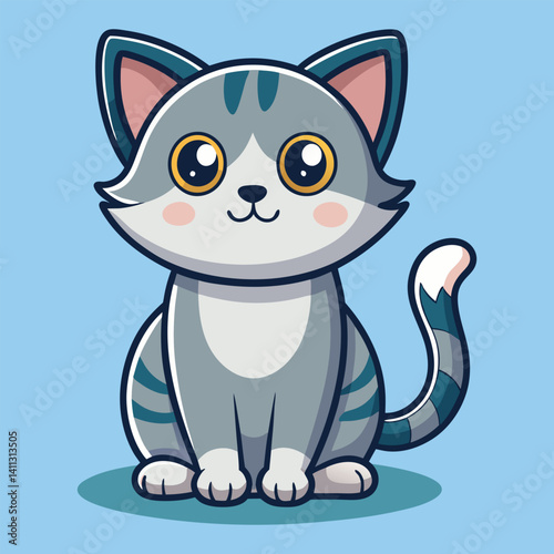 A cute ginger cartoon kitten with a happy smiling face and fluffy fur wags its tail in this fun animal vector illustration