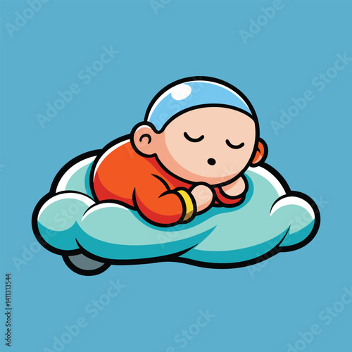 Cute baby sleeping on a pink cloud. Concept of newborn comfort sleep. Vector illustration