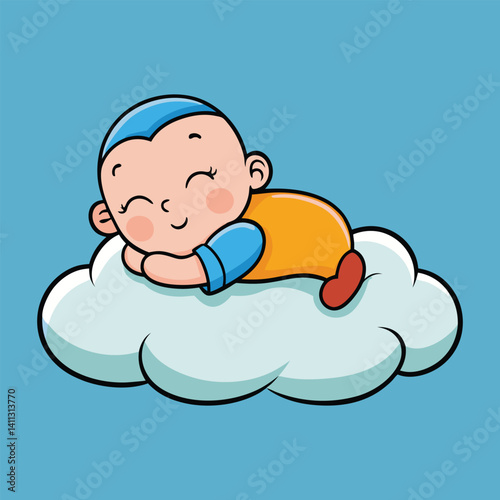 Cute baby sleeping on a pink cloud. Concept of newborn comfort sleep. Vector illustration