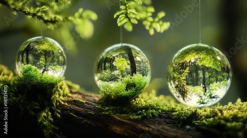 Crystal Earth: Translucent crystal spheres encased in miniature ecosystems su...