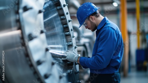 Maintenance worker inspecting factory equipment for wear and tear. Featuring attention to detail and preventive care