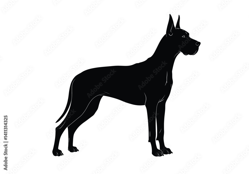 Great Dane silhouette. This image shows the profile of a Great Dane in a standing posture, also referred to as a tall and majestic breed. Vector clipart black illustration design. Great Dane silhouette. This image shows the profile of a Great Dane in a standing posture, also referred to as a tall and majestic breed. Vector clipart black illustration design.