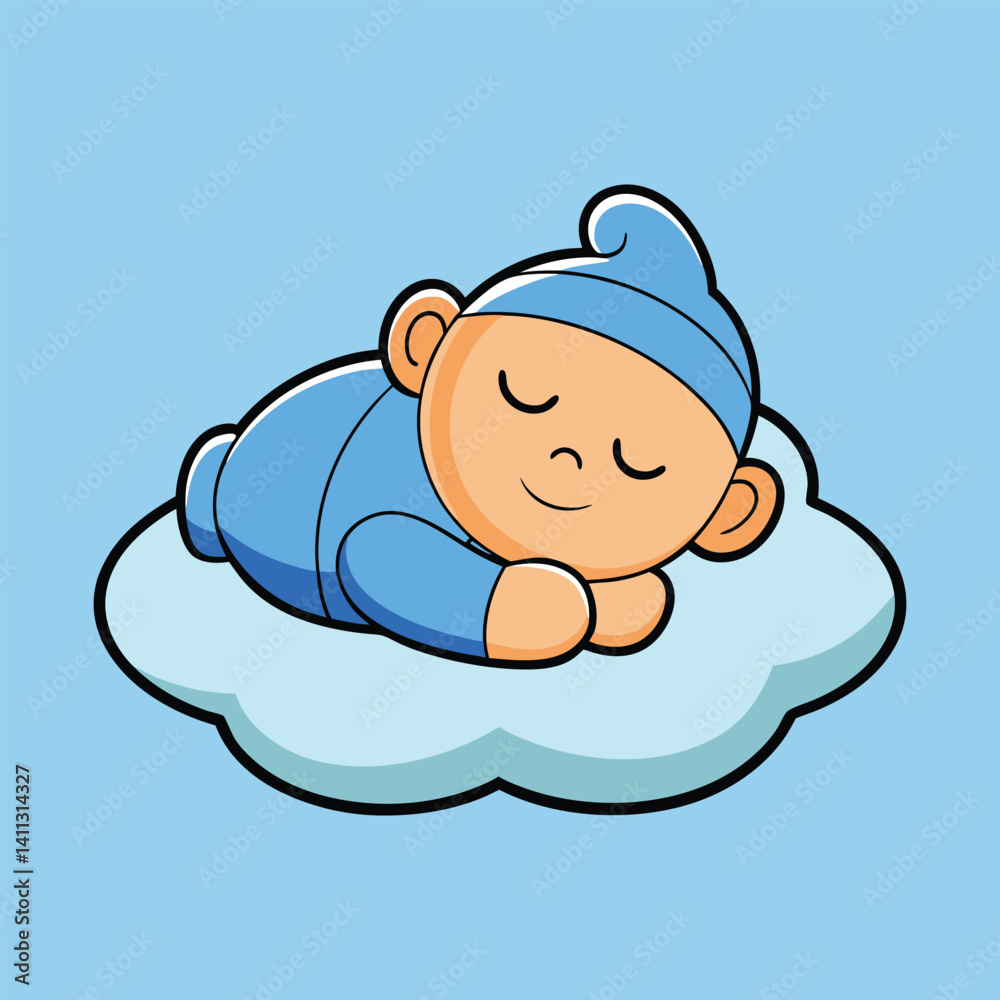 Cute cartoon vector illustration of a smiling baby angel in a blue diaper playing with a funny bear toy among the clouds, radiating childhood joy and love
