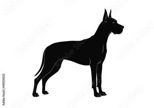 Great Dane silhouette. This image shows the profile of a Great Dane in a standing posture, also referred to as a tall and majestic breed. Vector clipart black illustration design.