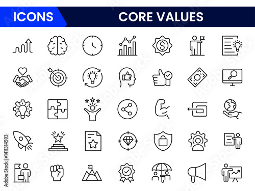 Core Values Line Icons Stock Illustration" refers to a colle Stock Illustration" refers to a collection of minimalist, line-drawn icons representing essential organizational or personal principles.