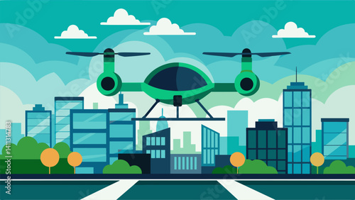 With a gentle touchdown the eVTOL joins the countless other transportation drones on the bustling rooftop all making use of the ecofriendly green rooftop as a landing pad.. Vector illustration