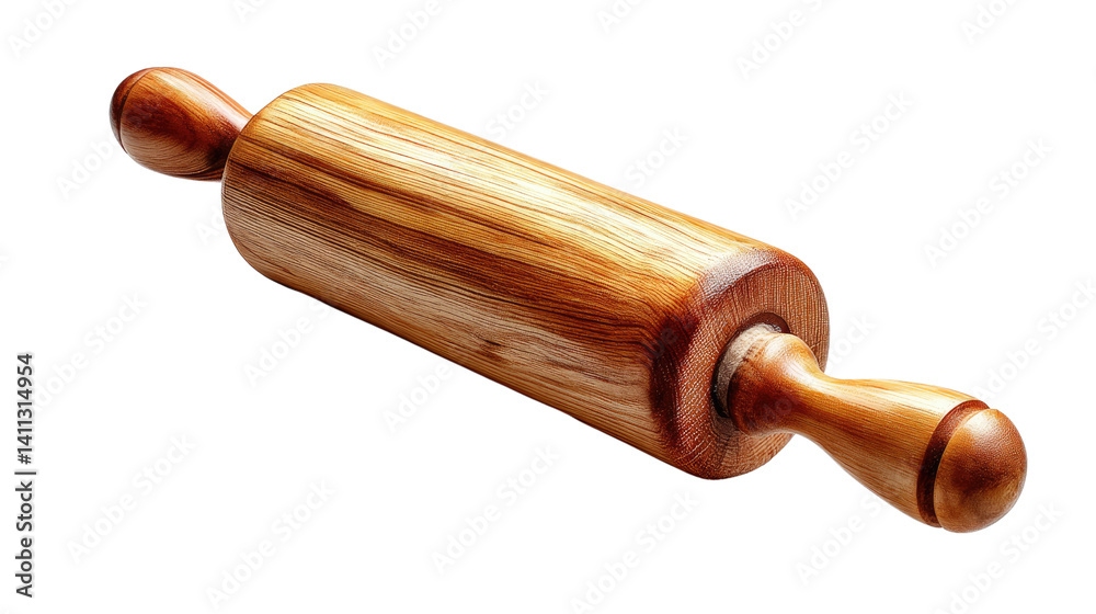 Wooden Rolling Pin: A high-angle shot reveals a detailed close-up of a classic, wooden rolling pin, its natural wood grain and smooth form suggesting home-baked delight. Wooden Rolling Pin: A high-angle shot reveals a detailed close-up of a classic, wooden rolling pin, its natural wood grain and smooth form suggesting home-baked delight.