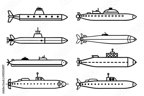 submarine line art underwater vehicle in deep ocean.