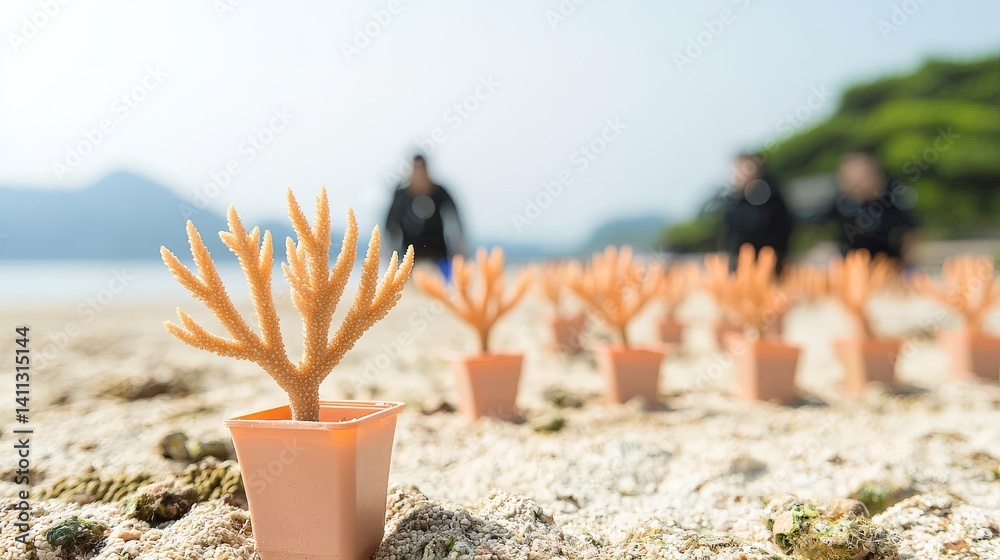 Marine Restoration and Ocean Conservation for a Sustainable Future, Coral seedlings in pots on a beach with divers in the background, emphasizing marine restoration efforts.