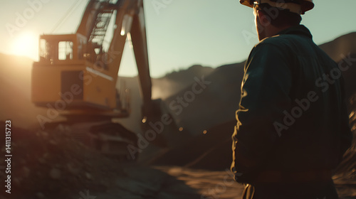 Mining engineer coordinating with workers and machinery to optimize mineral extraction at a mining site. Featuring leadership and planning