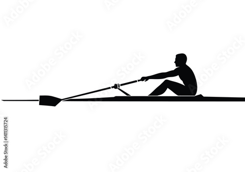 Rowing silhouette. This image depicts a rower in a sleek boat, also referred to as an outdoor water sport or fitness activity. Vector clipart black illustration design.