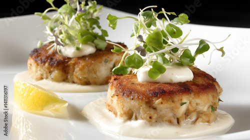 Elegant photorealistic appetizer of two golden crab cakes with creamy sauce and microgreens on a white plate