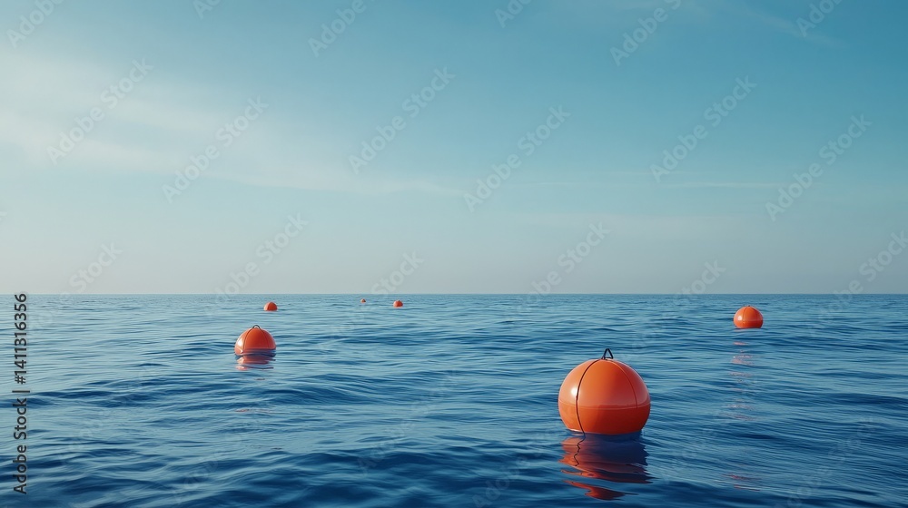 Marine Restoration and Ocean Conservation for a Sustainable Future, Floating buoys in a calm sea under a clear blue sky create a serene coastal scene.