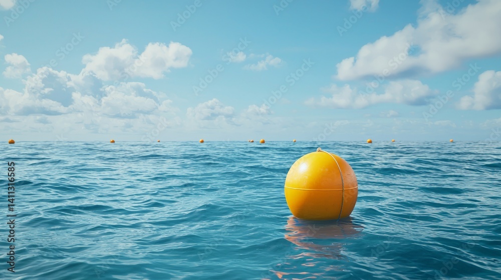 Marine Restoration and Ocean Conservation for a Sustainable Future, A bright yellow buoy floats on calm blue waters under a sky with fluffy clouds.