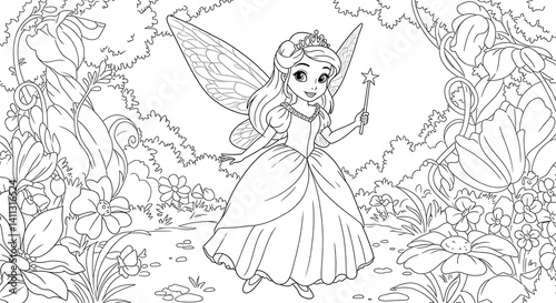  fairy princess cartoon coloring page black and white 