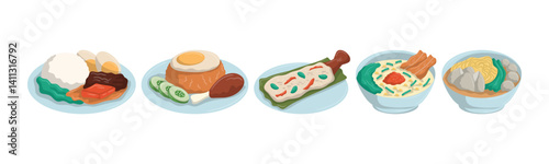 A collection of five Indonesian food illustrations. Various well-known dishes are showcased, perfect for culinary design, cultural projects and restaurant decoration.