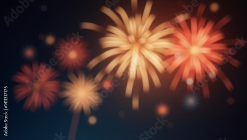 festive background with blurred fireworks in soft gold, red, and blue against a dark sky, celebratory