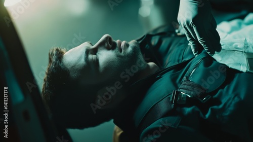 A paramedic administering CPR to a patient. Featuring urgency and care