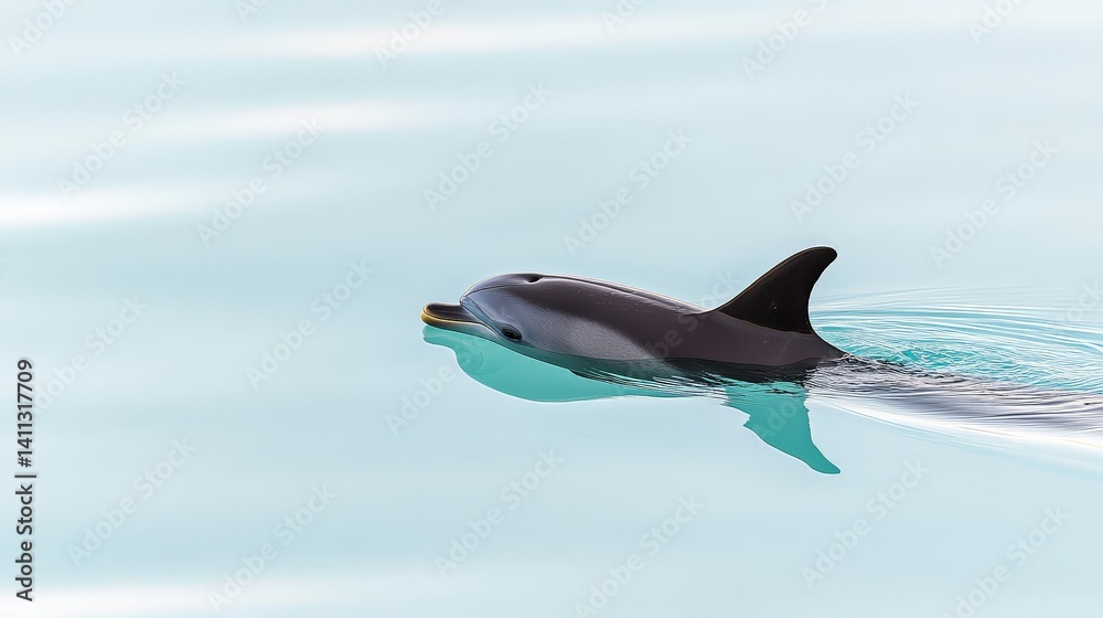 Marine Restoration and Ocean Conservation for a Sustainable Future, Dolphin swimming gracefully in calm blue waters, showcasing its sleek body and playful nature.