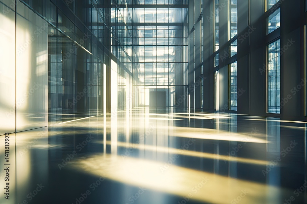 Modern, sunlit, empty office hallway Modern, sunlit, empty office hallway