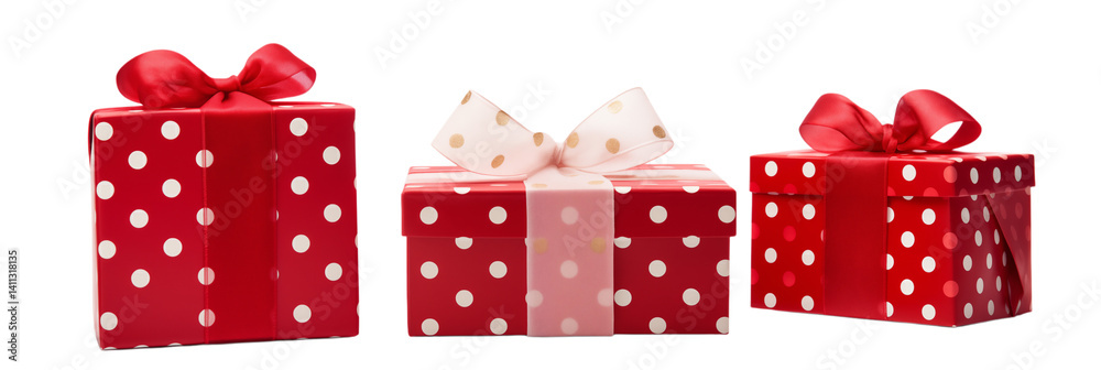 Obraz premium Three presents wrapped in red paper with white polka dots and ribbon bows displayed together png