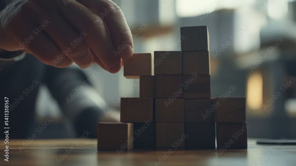 Close-up of a business hand stacking wooden blocks in a step-ladder shape, symbolizing growth and success, with a blurred office background.
Close-up of a business hand stacking wooden blocks in a step-ladder shape, symbolizing growth and success, with a blurred office background.