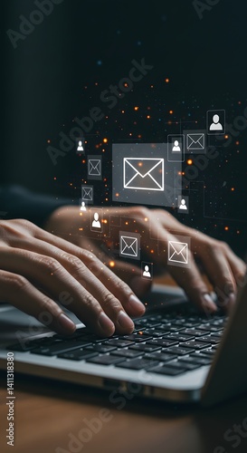 Businessman typing on laptop computer keyboard at desk in office. business, Email marketing automation technology and customer database. 
