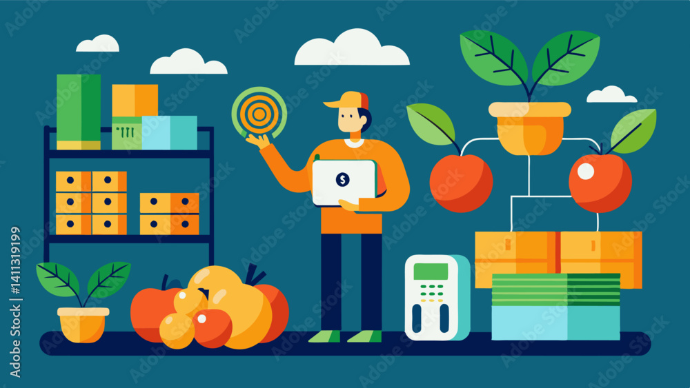 Smart inventory management systems that use AI to track and predict crop inventory levels ensuring a steady supply of fresh produce for consumers.. Vector illustration