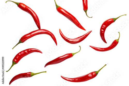 A scattered array of vibrant red chili peppers against a stark transparent background in a simple composition png